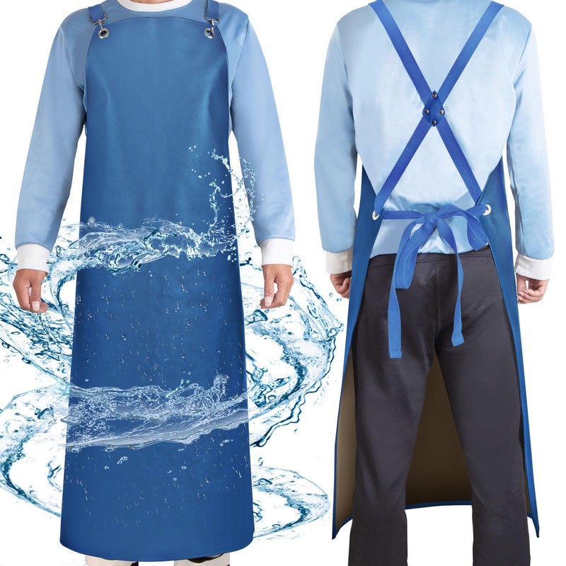 SHEOMERN Rubber Waterproof Apron  43"" Heavy Duty Vinyl Industrial Anti-Tear Apron with Adjustable Cross Back Strap for Dishwasher  Butcher  Dog Grooming  Chemical Resistant Thicker Apron Blue - Image 1